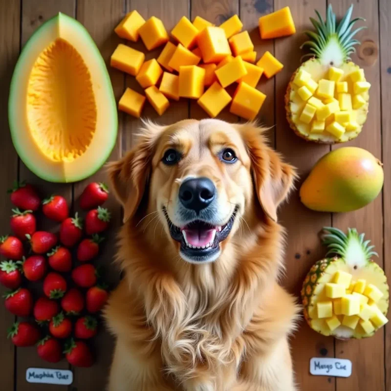 Un surtido de frutas seguras para perros, incluyendo melón, fresas, mango y piña.