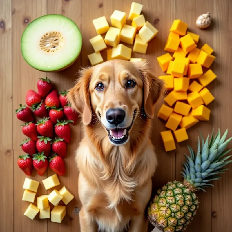 Un surtido de frutas seguras para perros, incluyendo melón, fresas, mango y piña.