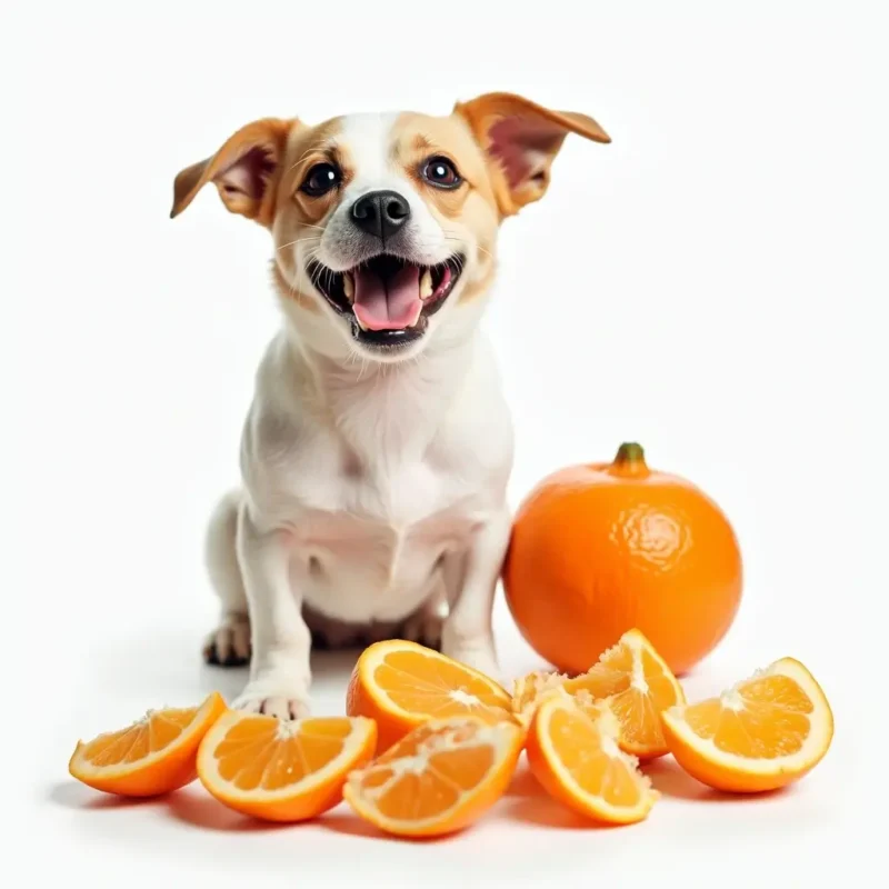 Perro oliendo una rodaja de mandarina en un jardín