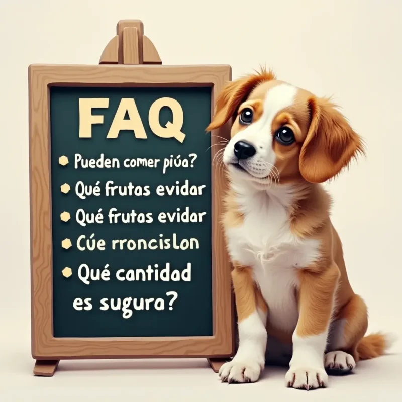 Perro junto a una pizarra con preguntas frecuentes sobre si los perros pueden comer piña