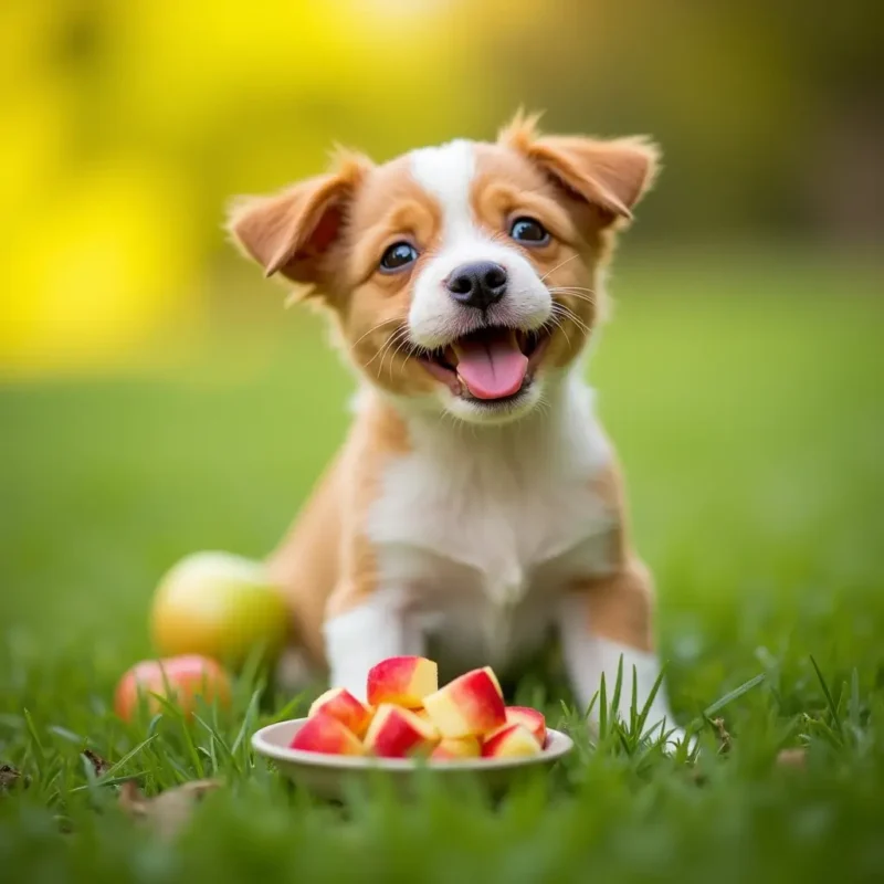 Manzana pelada y sin semillas lista para perros en una tabla de madera.