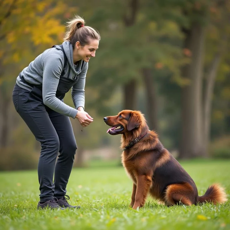 Adiestrador canino trabajando con un perro usando refuerzo positivo.