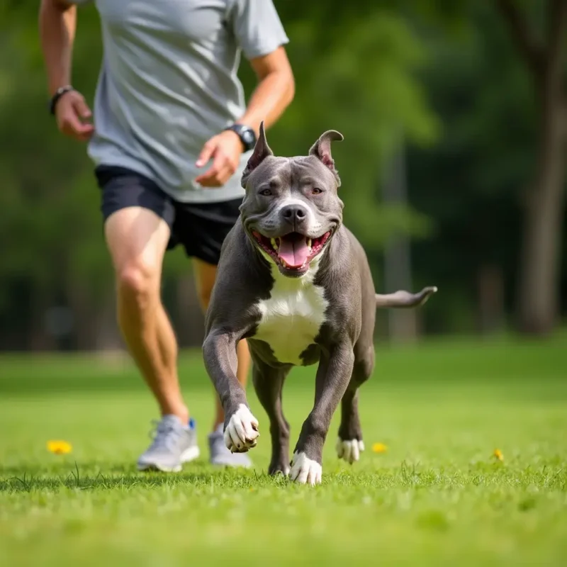 Un Perro Raza American Bully corriendo en un parque durante una sesión de ejercicio con su dueño.