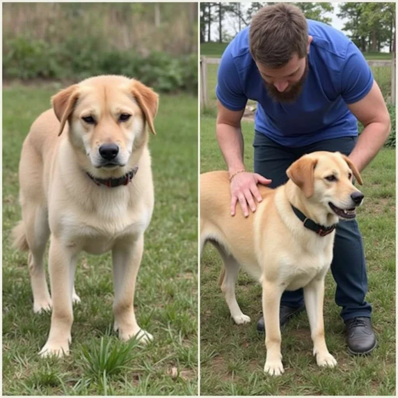 Antes y después de un perro después de recibir adiestramiento canino.