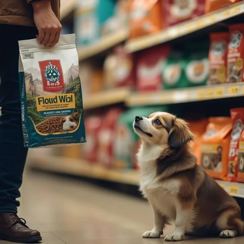 Dueño eligiendo la mejor croqueta para perro en una tienda de mascotas.