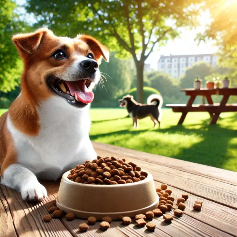 Healthy dog eating premium kibble from a bowl