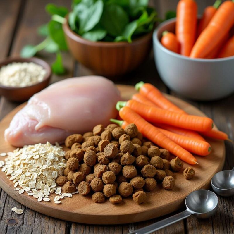 Collage de marcas populares de comida para perros en España, con bolsas de croquetas e ingredientes"