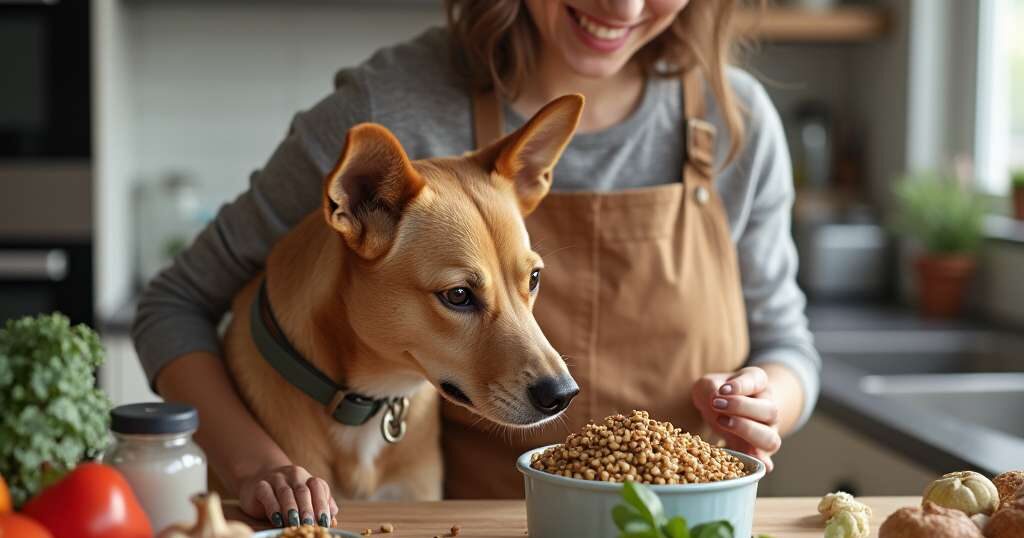 Dog and owner sharing a moment while preparing homemade kibble