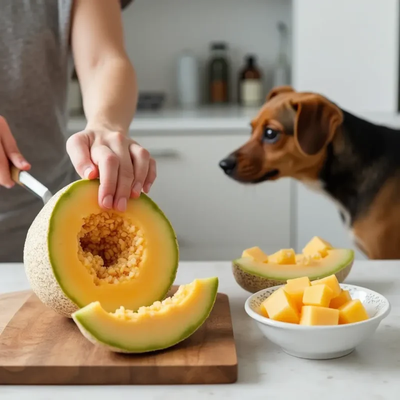 Preparación segura de melón para perros con piel y semillas removidas.