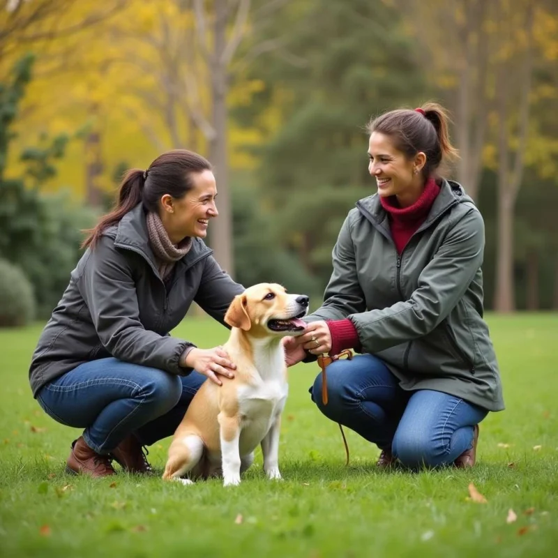 Propietario de perro practicando comandos con un adiestrador en un parque.