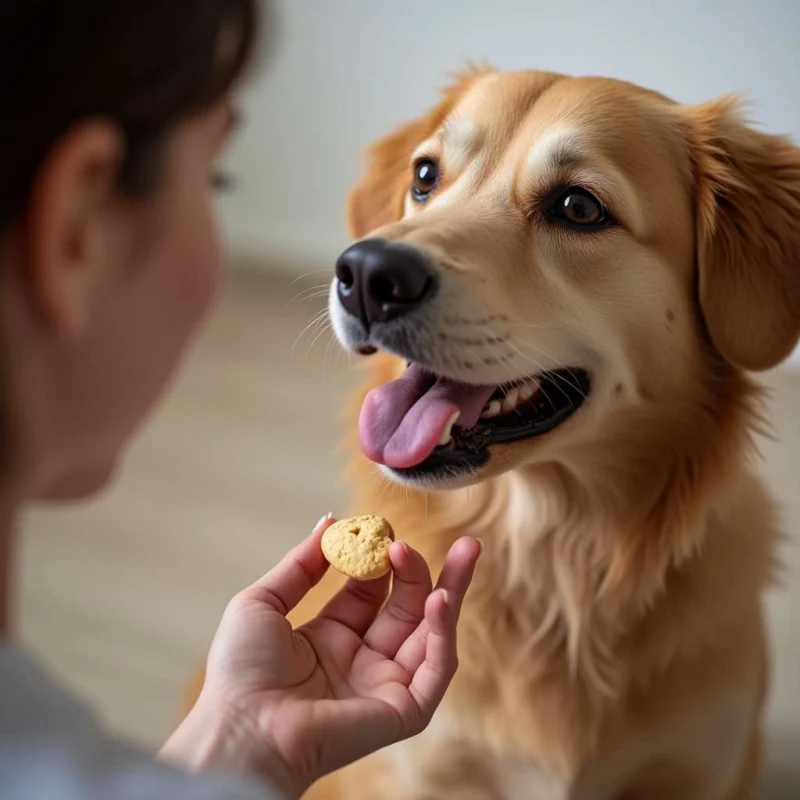 Perro recibiendo elogios y recompensa de un adiestrador con un premio.