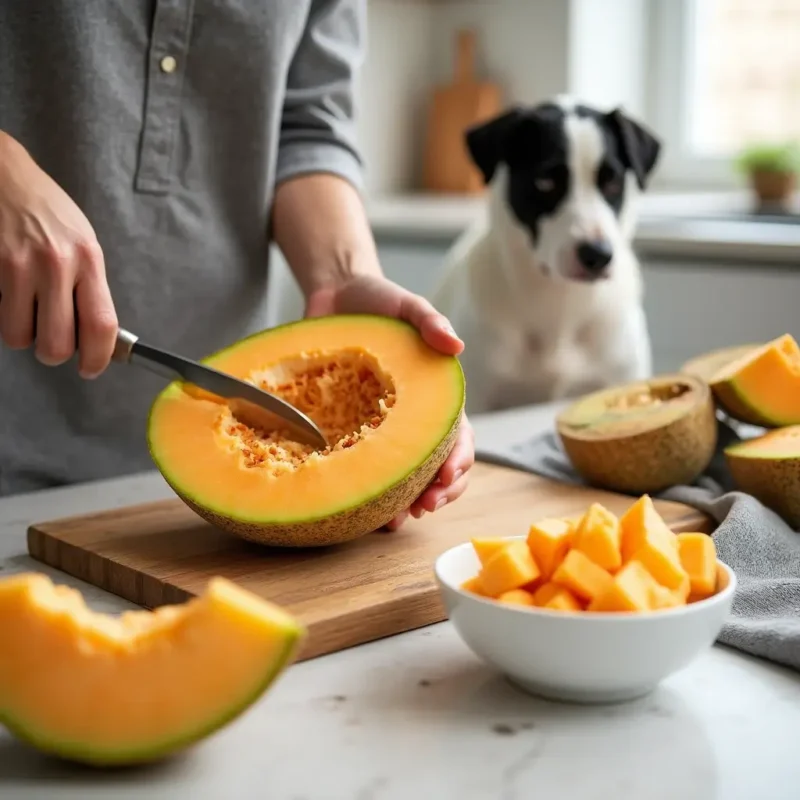 Preparación segura de melón para perros con piel y semillas removidas.