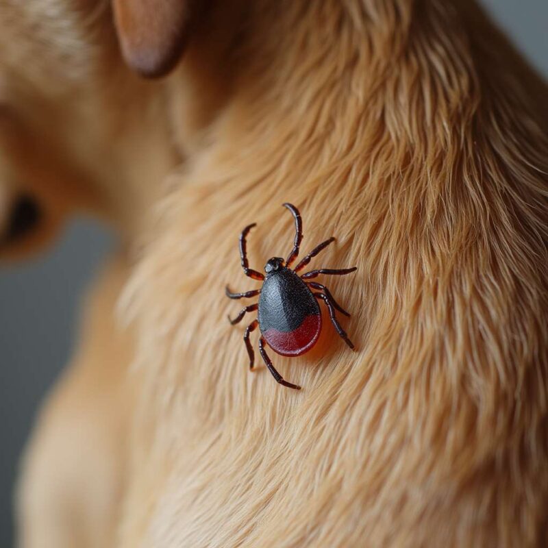 Primer plano de un perro con una garrapata adherida a su piel.