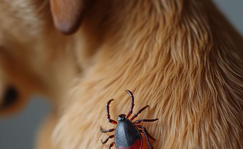 Primer plano de un perro con una garrapata adherida a su piel.