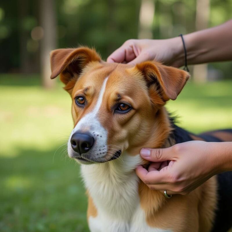 Person inspecting a dog's fur for ticks in a park.