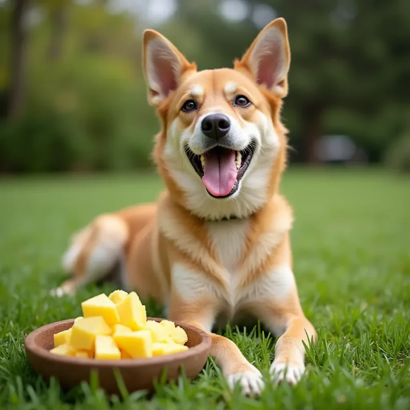 Perro feliz junto a un tazón de trozos de piña fresca mostrando los beneficios de la piña para perros.