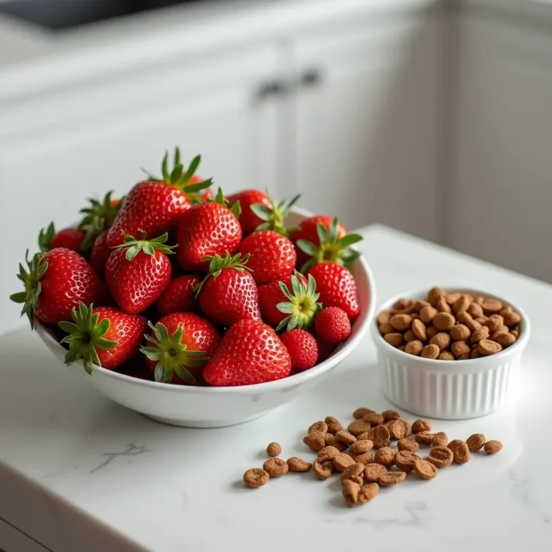 Tazón de fresas frescas junto a comida para perros en una cocina