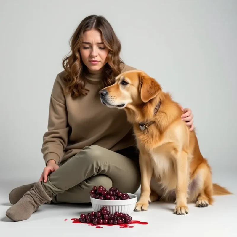 Perro mirando un racimo de uvas con preocupación.