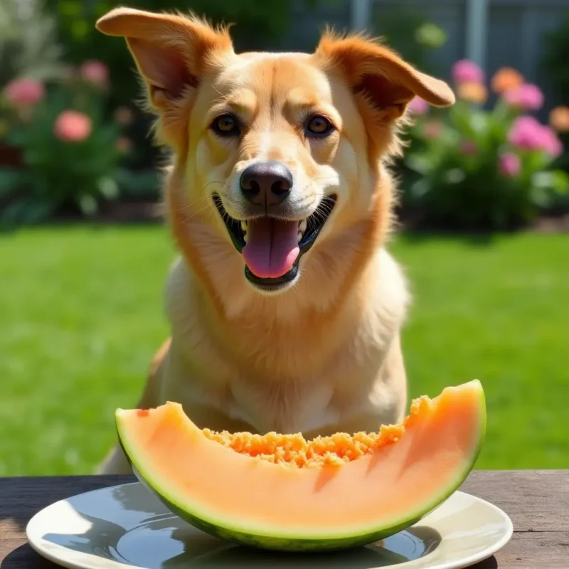 Un perro feliz sentado en el jardín junto a un plato con una rodaja de melón cantaloupe.