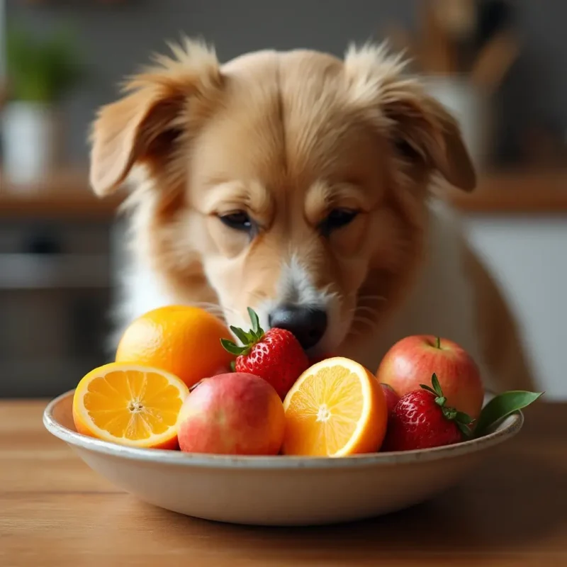 Tazón con frutas seguras para perros incluyendo mandarina