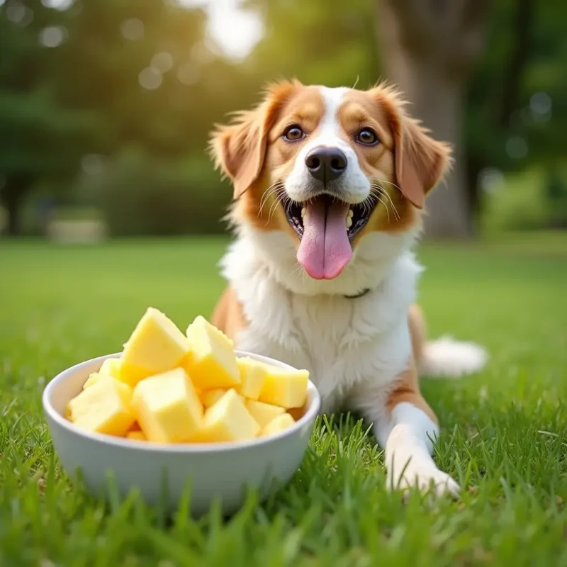 Perro feliz junto a un tazón de trozos de piña fresca mostrando los beneficios de la piña para perros.