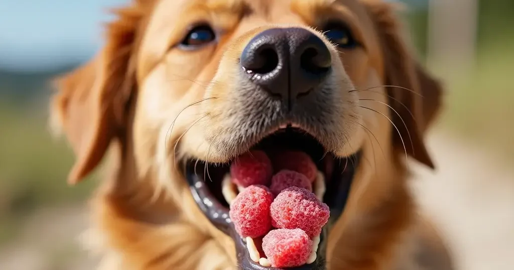 los perros pueden comer fresas Perro feliz comiendo fresas frescas en un jardín