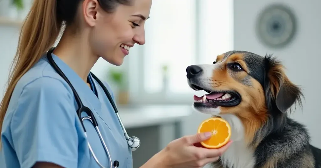 Perro sentado junto a una mandarina pelada