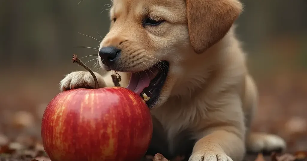 Un perro disfrutando trozos de manzana en un tazón en el césped.