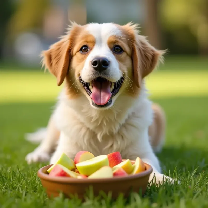 Un perro llevando una manzana roja en la boca mientras juega en el parque.