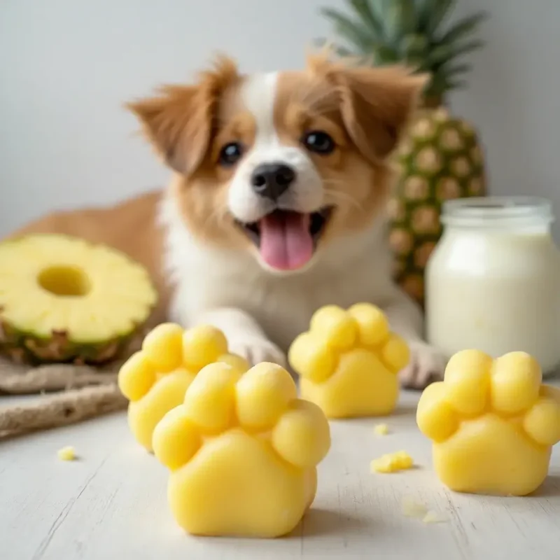 Snacks caseros de piña para perros en moldes de silicona junto a un perro emocionado