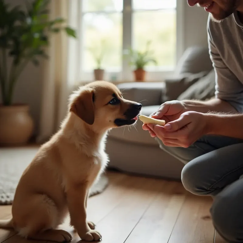 Tazón con rodajas de plátano frente a un perro curioso