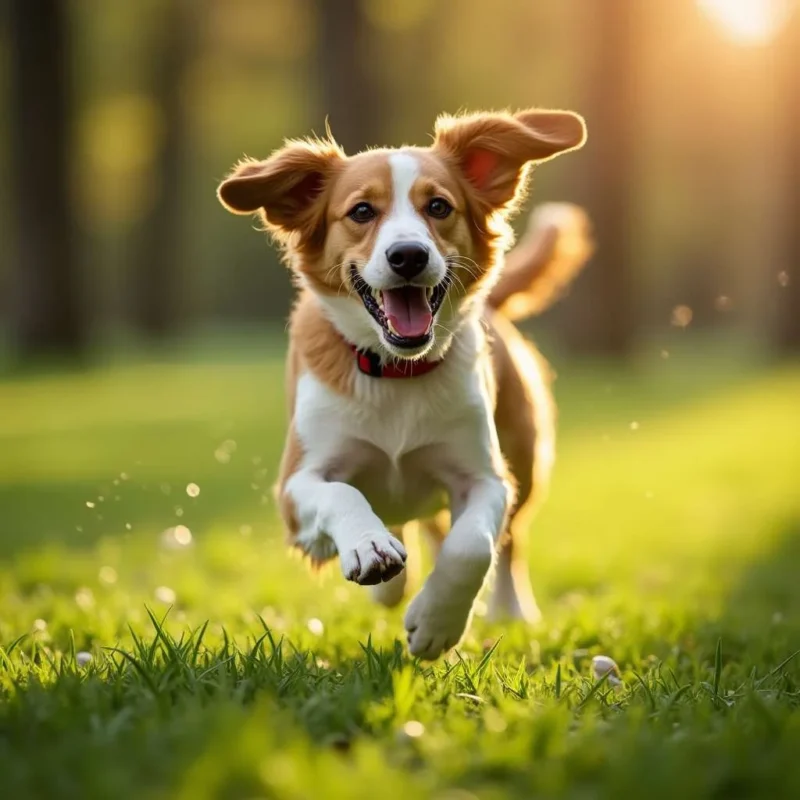 Perro jugando al aire libre después de comer la mejor croqueta para perro.