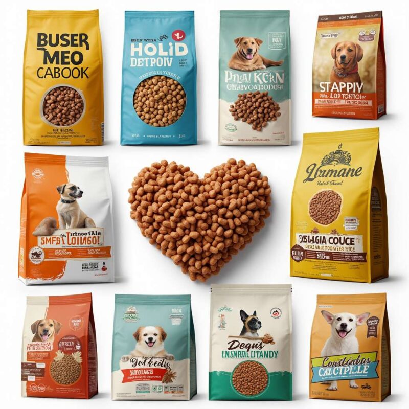 Collage de marcas populares de comida para perros en España, con bolsas de croquetas e ingredientes