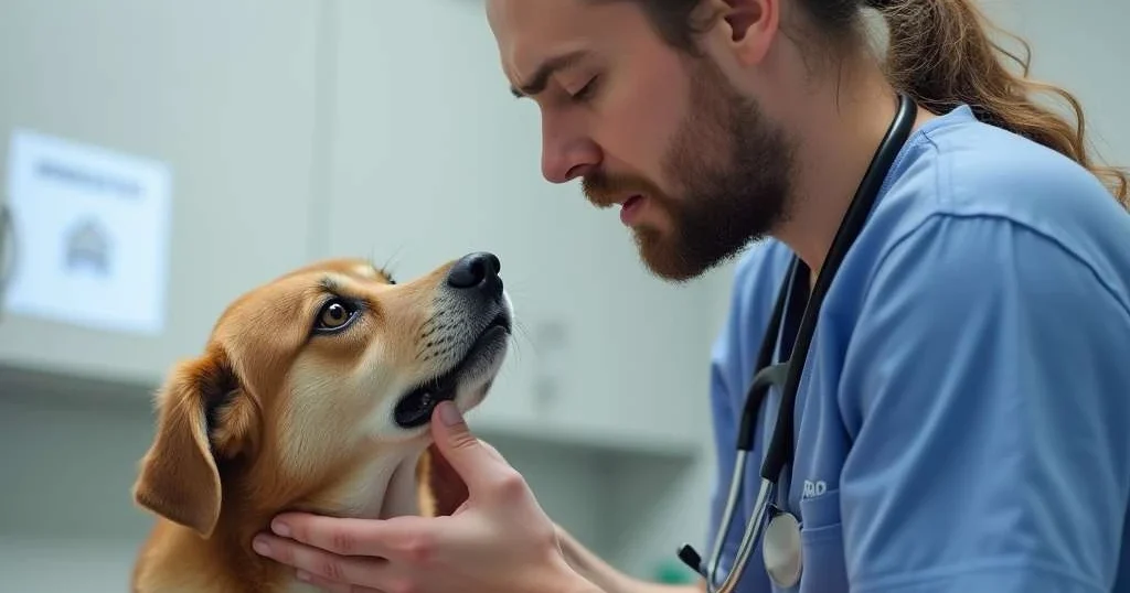 Veterinario examinando un perro con signos de moquillo.