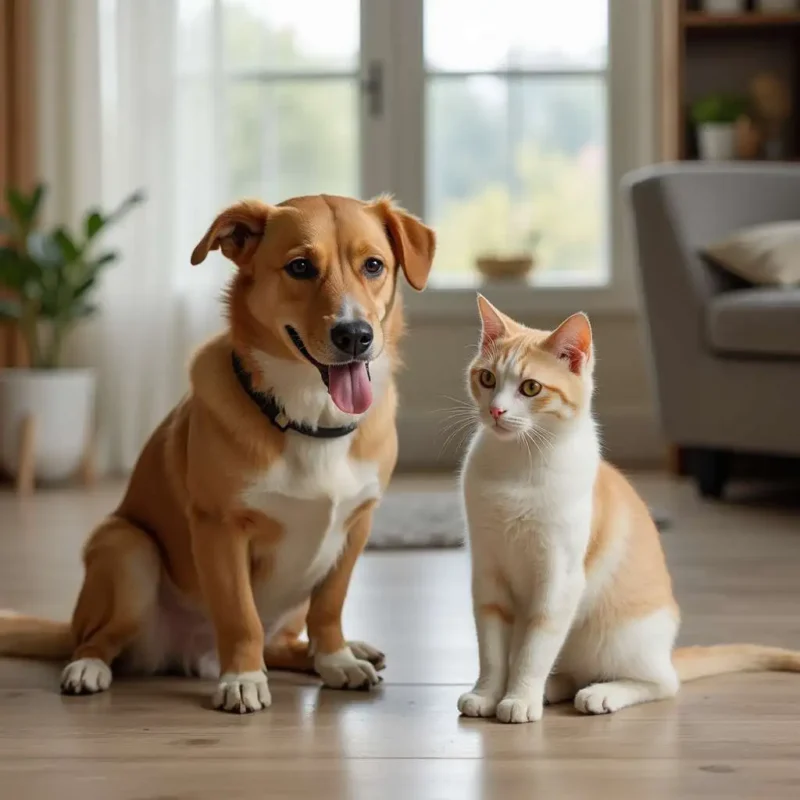 Perro y gato en una casa con medidas preventivas contra el moquillo.