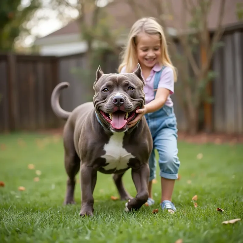 Perro Raza American Bully jugando con niños en un jardín, mostrando su lado protector y cariñoso