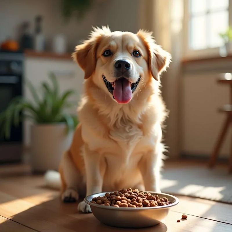 Perro feliz disfrutando de la mejor croqueta para perro en un ambiente cálido y acogedor.