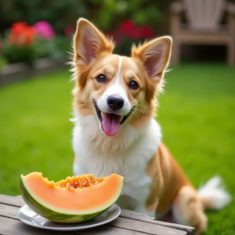 Un perro feliz sentado en el jardín junto a un plato con una rodaja de melón cantaloupe.