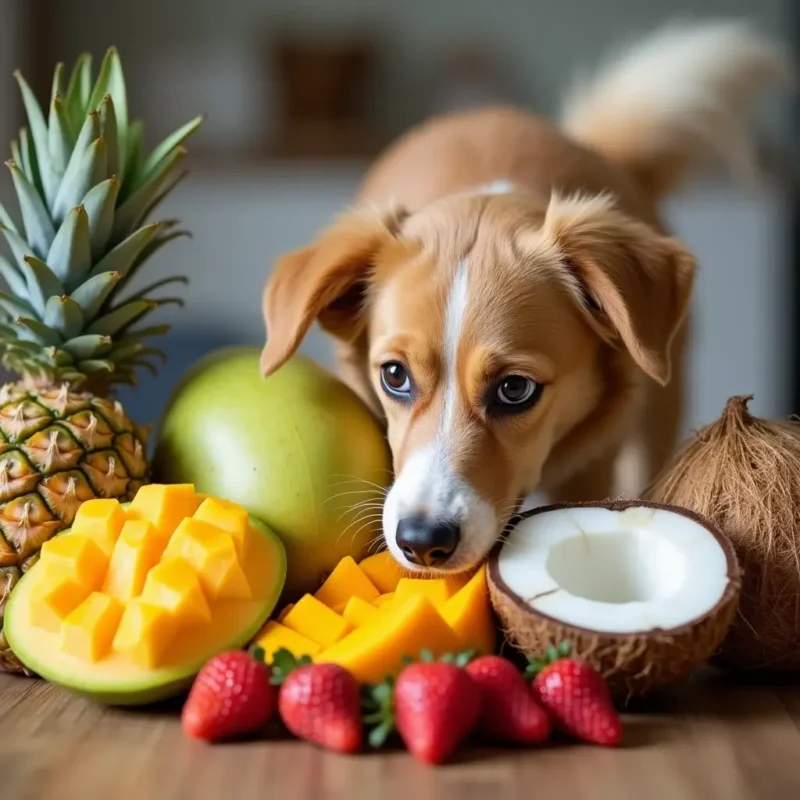 Frutas seguras para perros como piña, melón, mango y fresa, con un perro curioso cerca.