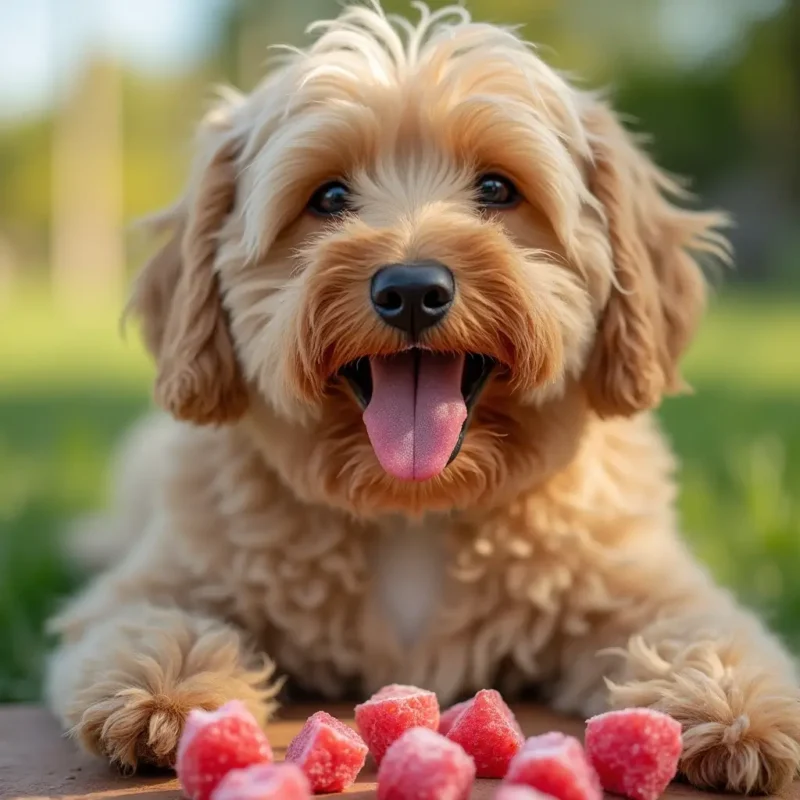 Perro y dueño compartiendo fresas frescas con precaución.