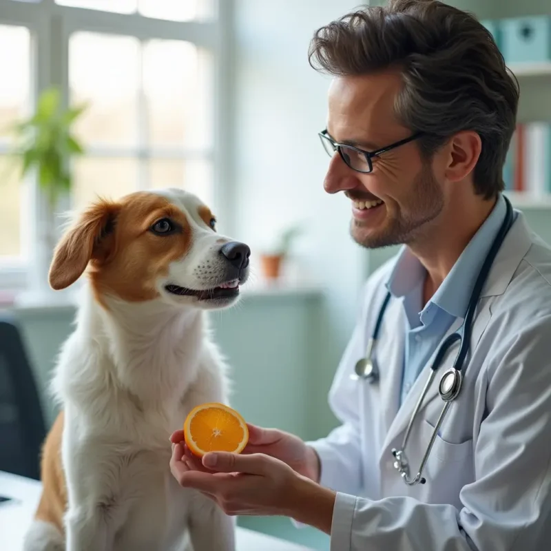 Veterinario mostrando una rodaja de mandarina a un perro