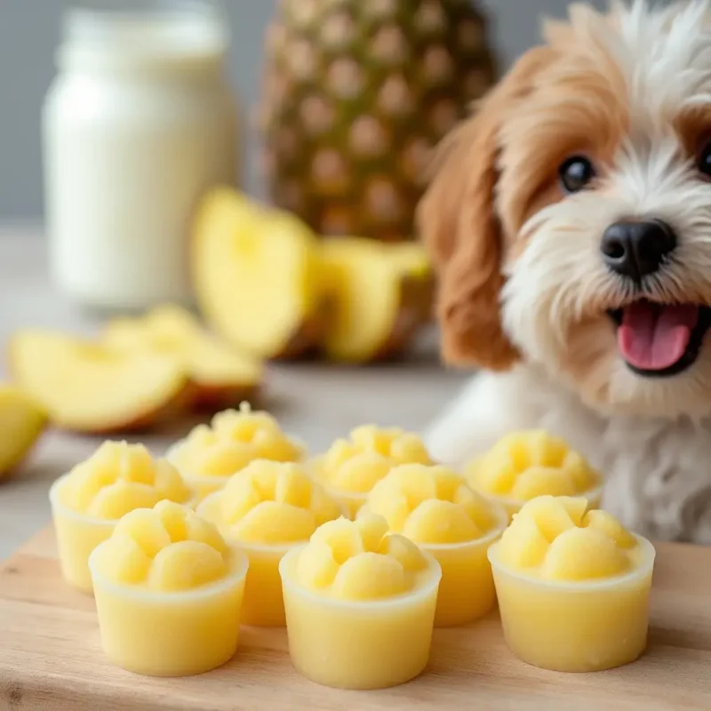 Snacks caseros de piña para perros en moldes de silicona junto a un perro emocionado