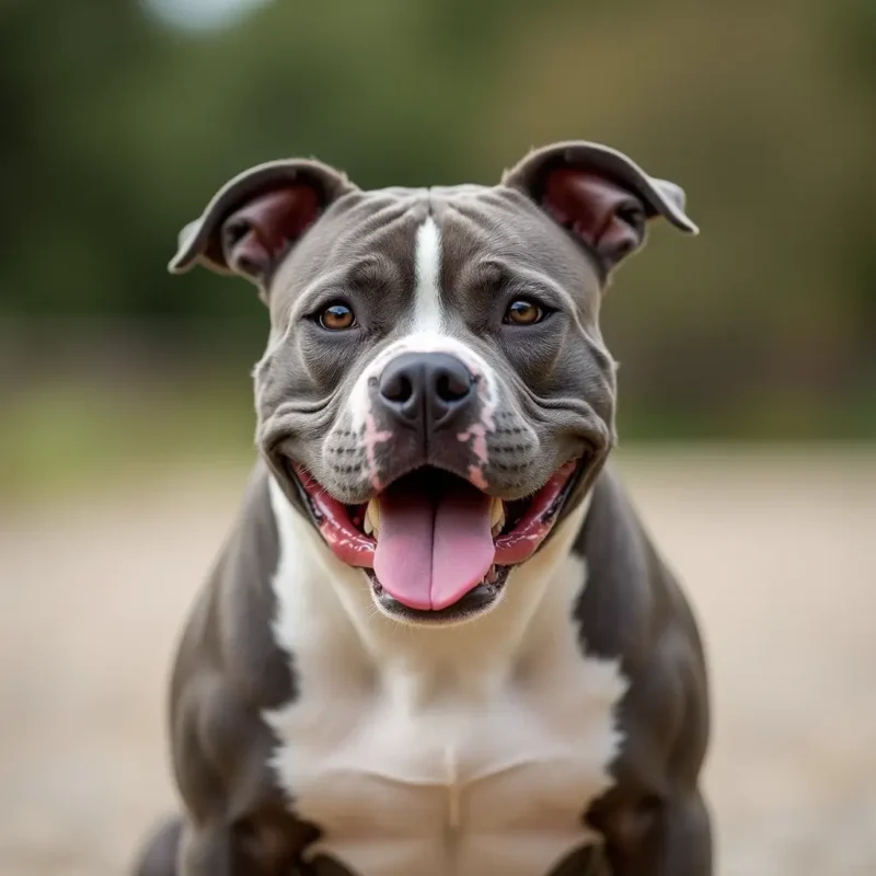 Perro Raza American Bully sentado obedientemente durante una sesión de entrenamiento al aire libre.