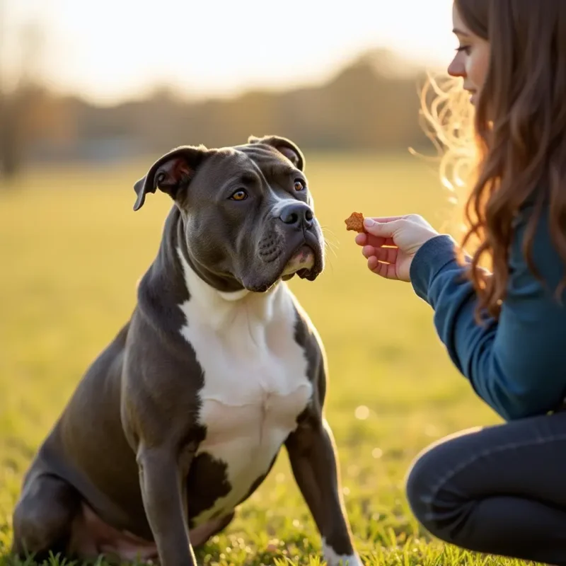 Propietario cuidando del pelaje de un Perro Raza American Bully, mostrando la facilidad de su mantenimiento