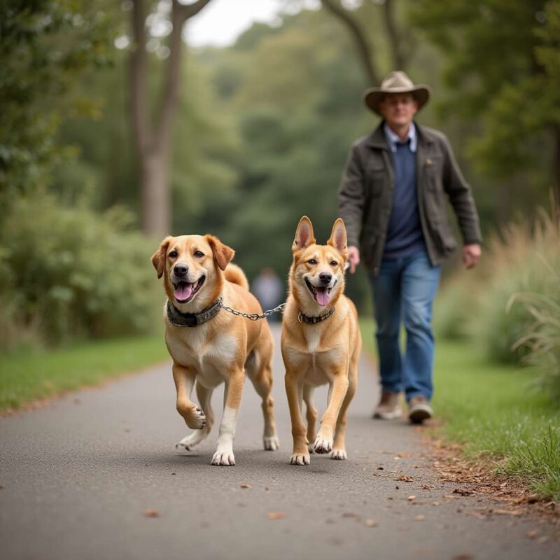 Perro y dueño caminando felices en un parque libre de garrapatas.