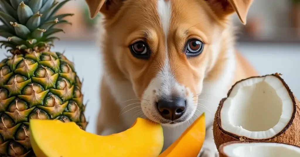 Frutas seguras para perros como piña, melón, mango y fresa, con un perro curioso cerca.