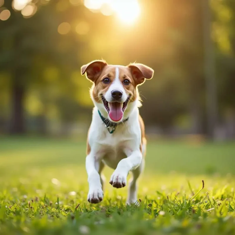 Perro corriendo felizmente en el parque después de recibir su vacuna contra el moquillo.