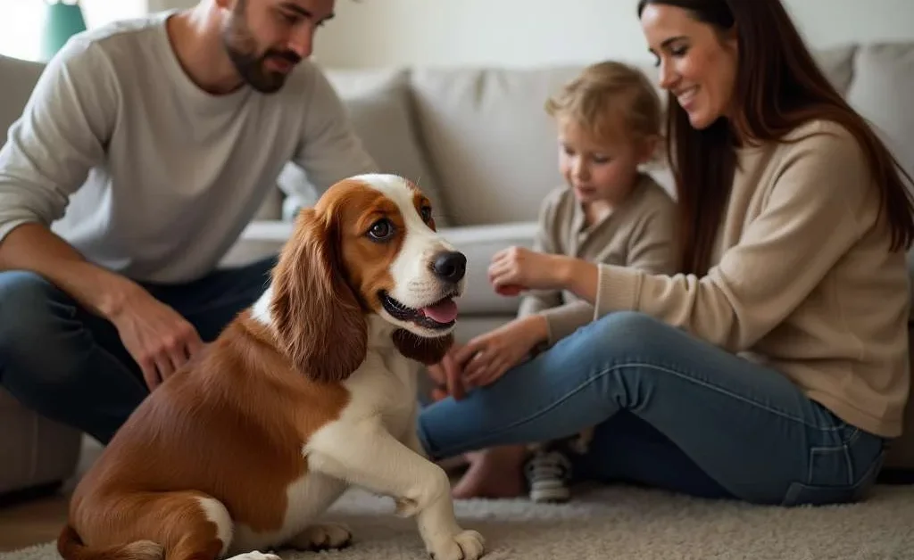 Familia jugando con su perro Basset en el salón.