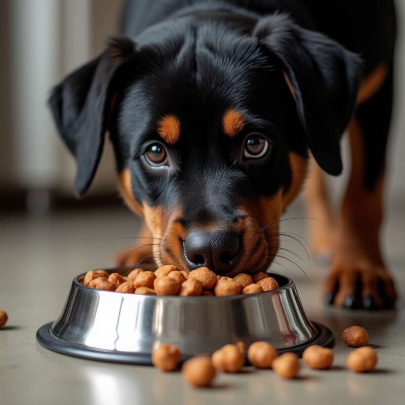 Cachorro de Rottweiler comiendo de un tazón de acero inoxidable.