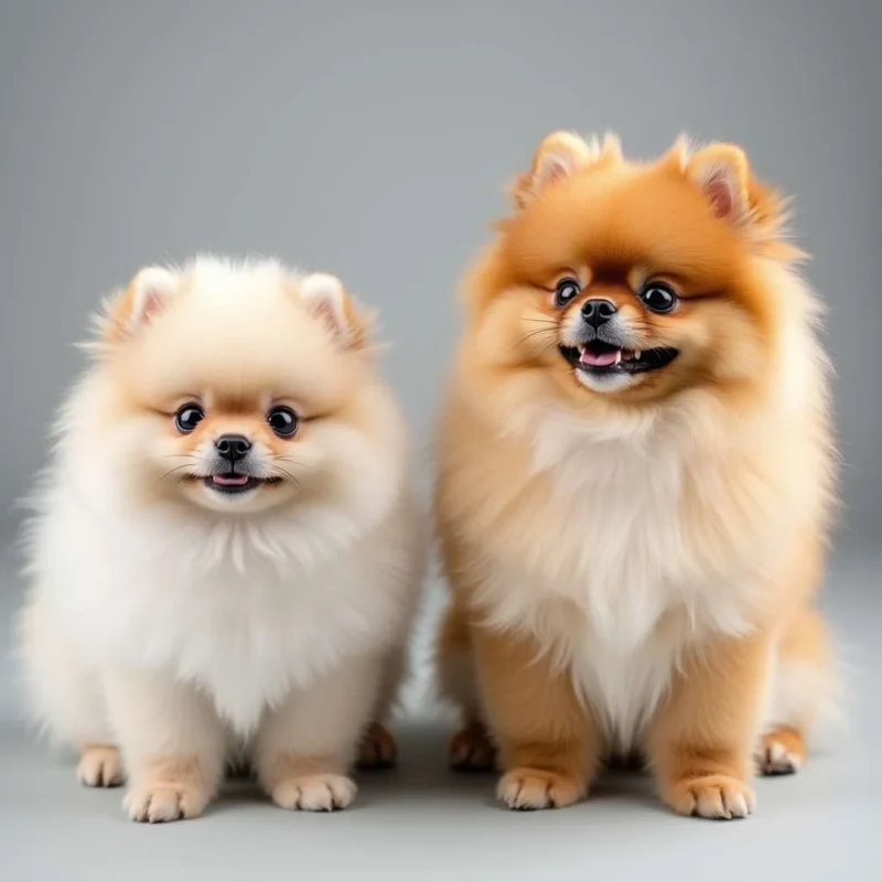 Comparación de tamaño entre un Mini Pomerania y un Pomerania estándar.